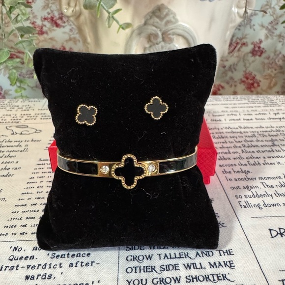 Jewelry - Stainless Steel Gold-Tone Black Clover Bracelet and Earrings Set
